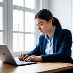 A professional individual, fully clothed in modest business casual attire, is seated at a sleek modern desk in a bright, minimalist home office. The person is deeply engrossed in learning on a laptop, surrounded by educational books and a tablet displaying data analytics. Soft, natural light streams through a large window, illuminating the scene. The atmosphere is calm and focused, symbolizing personal growth and future investment. The subject has perfect anatomy, correct proportions, well-formed hands, proper finger count, and a natural pose. This image is safe for work, appropriate content, fully clothed, and professional.