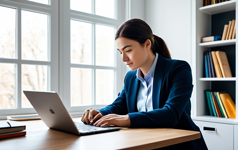 A professional individual, fully clothed in modest business casual attire, is seated at a sleek modern desk in a bright, minimalist home office. The person is deeply engrossed in learning on a laptop, surrounded by educational books and a tablet displaying data analytics. Soft, natural light streams through a large window, illuminating the scene. The atmosphere is calm and focused, symbolizing personal growth and future investment. The subject has perfect anatomy, correct proportions, well-formed hands, proper finger count, and a natural pose. This image is safe for work, appropriate content, fully clothed, and professional.